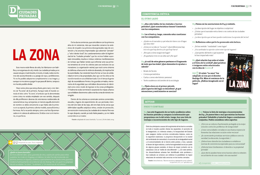 Revista de dos páginas sobre "La Zona", con texto en español, un recuadro de resumen, un póster de una serie de televisión y un patrón de una cerca de alambre verde en la parte inferior de ambas páginas.