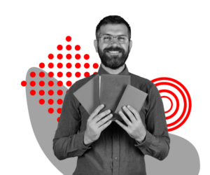 Un hombre barbudo con gafas sonríe y sostiene tres libros frente a él. El fondo presenta puntos rojos abstractos y formas circulares.