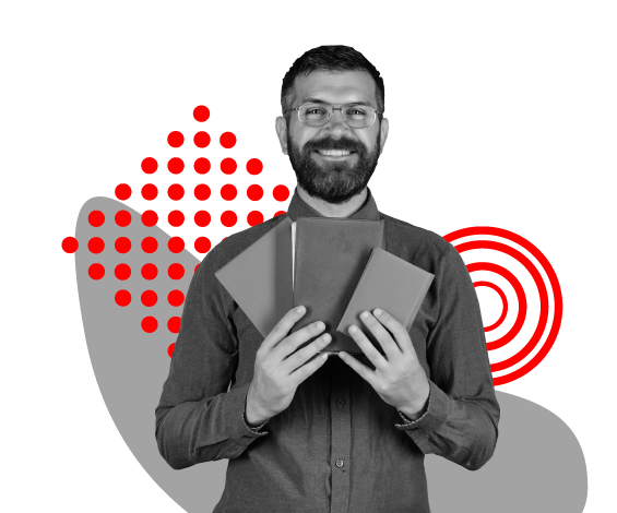 Un hombre barbudo con gafas sonríe y sostiene tres libros frente a él. El fondo presenta puntos rojos abstractos y formas circulares.