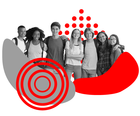 Un grupo de seis adolescentes sonrientes están de pie, juntos, algunos abrazados. La foto en blanco y negro está superpuesta con formas abstractas rojas y grises, y círculos rojos en primer plano y al fondo.