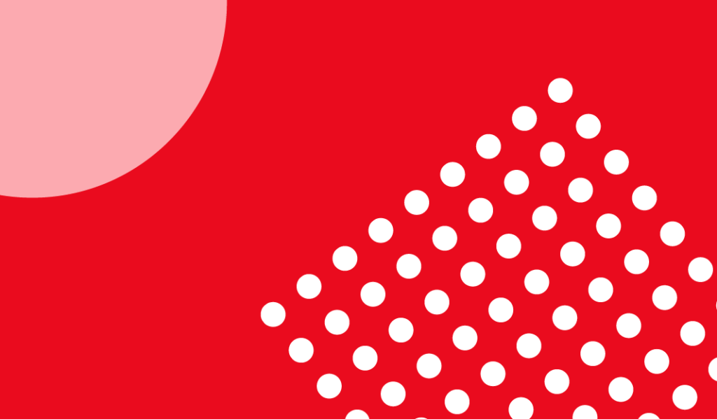 Un fondo rojo con un gran semicírculo rosa en la esquina superior izquierda y un grupo de puntos blancos espaciados uniformemente y dispuestos en forma de triángulo en el lado derecho.