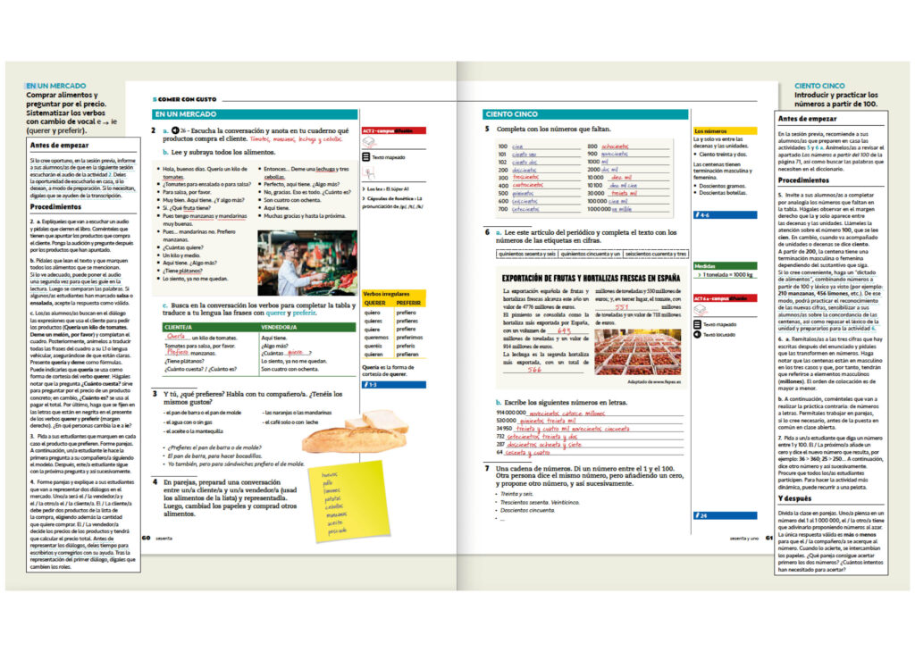 Un libro de texto abierto muestra dos páginas con contenido para el aprendizaje del idioma español, incluyendo listas de vocabulario, explicaciones gramaticales, oraciones de ejemplo, ejercicios, fotografías de comida y cuadros de texto informativos.
